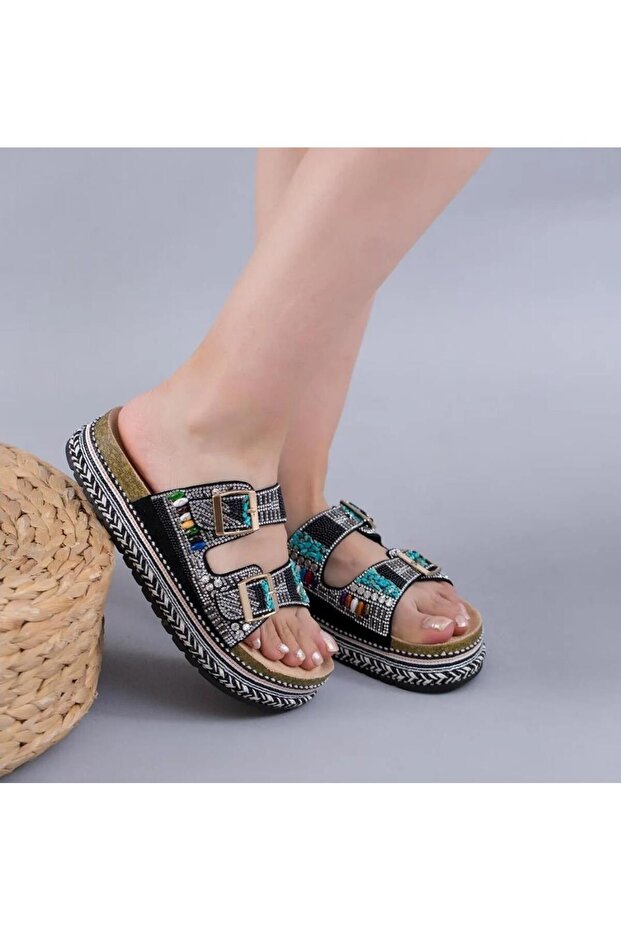 25Y103 Women's High Cork Sole Stone Double Tape Slippers