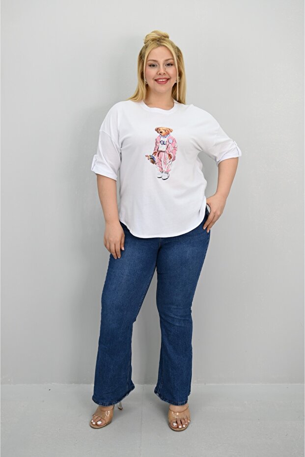 Women's Plus Size Short Sleeve Stone Detailed Bear Printed Oversize T-Shirt 1926-25