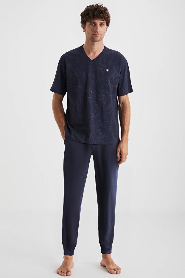 Men's 100% Cotton Summer Pajamas Set – Navy Blue Patterned V-Neck Top and Ribbed Bottom C7T0N6