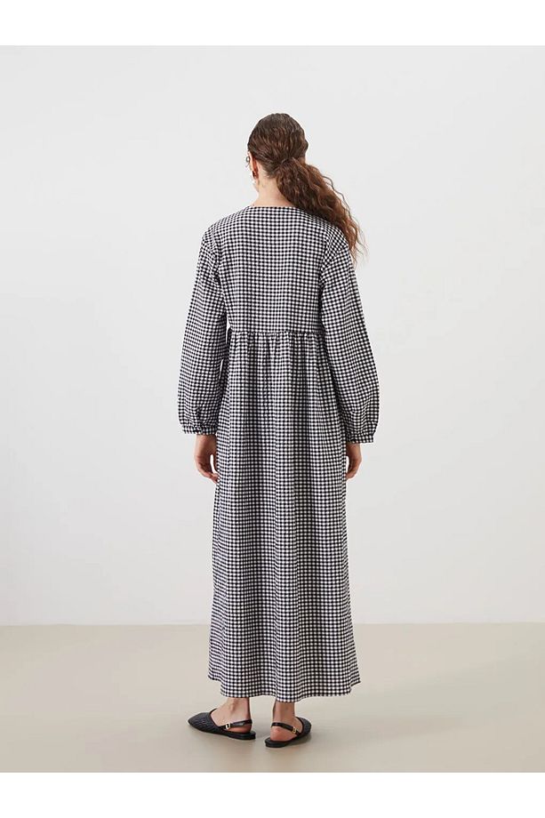 LCW Modest Siyah Bağlamalı Yaka Ekose Elbise - 4