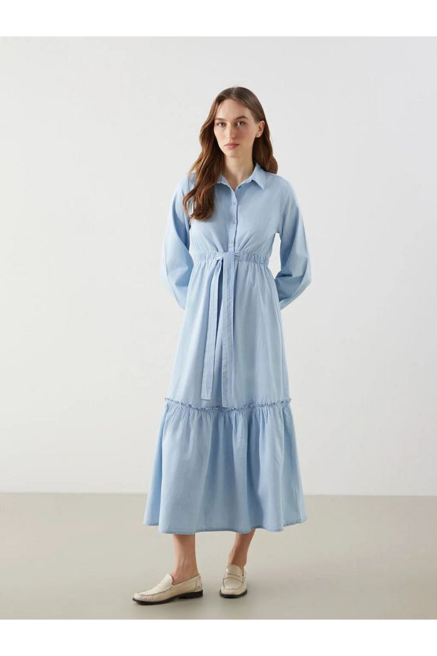 LCW Modest Indigo Gömlek Yaka Kadın Jean Elbise - 1