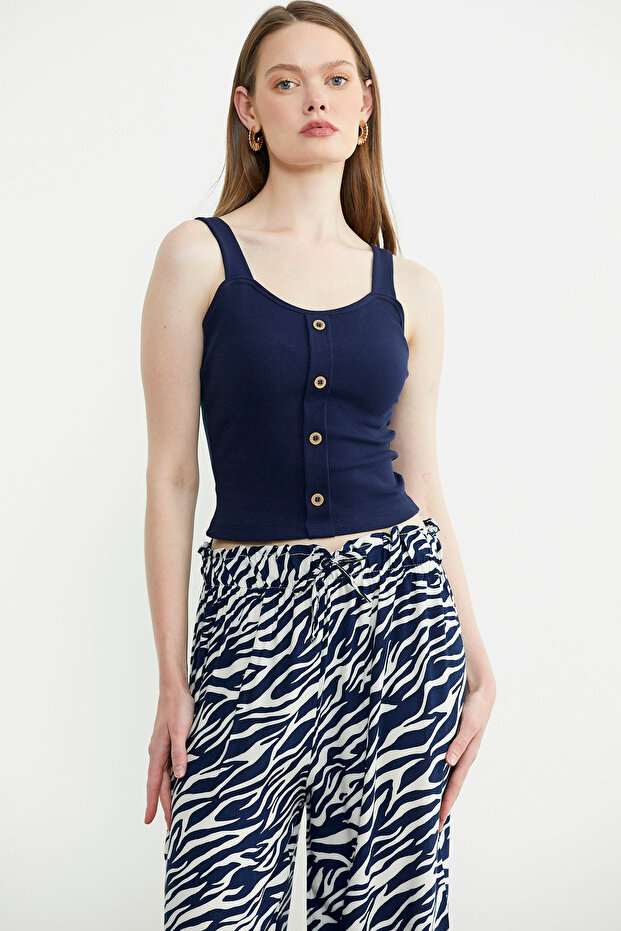 Fitilli Düğme Detaylı Basic Atlet - Lacivert - 5