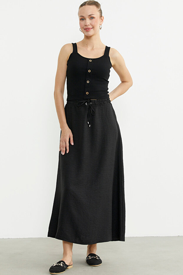 Fitilli Düğme Detaylı Basic Atlet - Siyah - 1