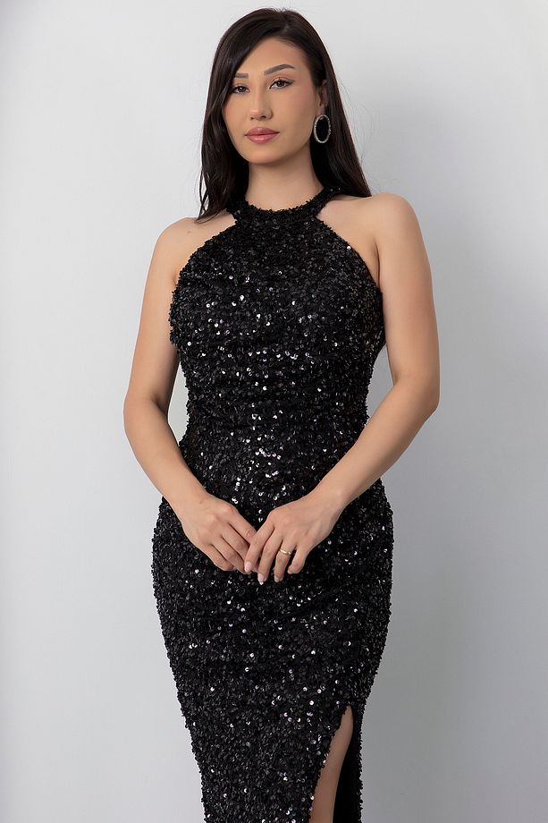 Halter Yaka Yırtmaçlı Pullu Midi Abiye Elbise BAL143 - 6