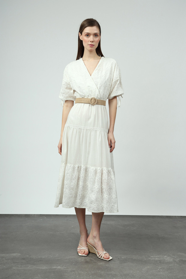 Kemerli Brode Midi Elbise - 5