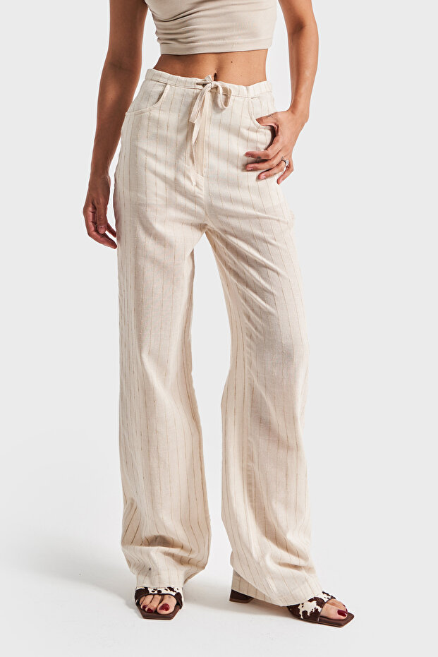 Women's Beige Striped Color S5-101 Waist Lace-Up Loose Cut Linen Fabric Trousers