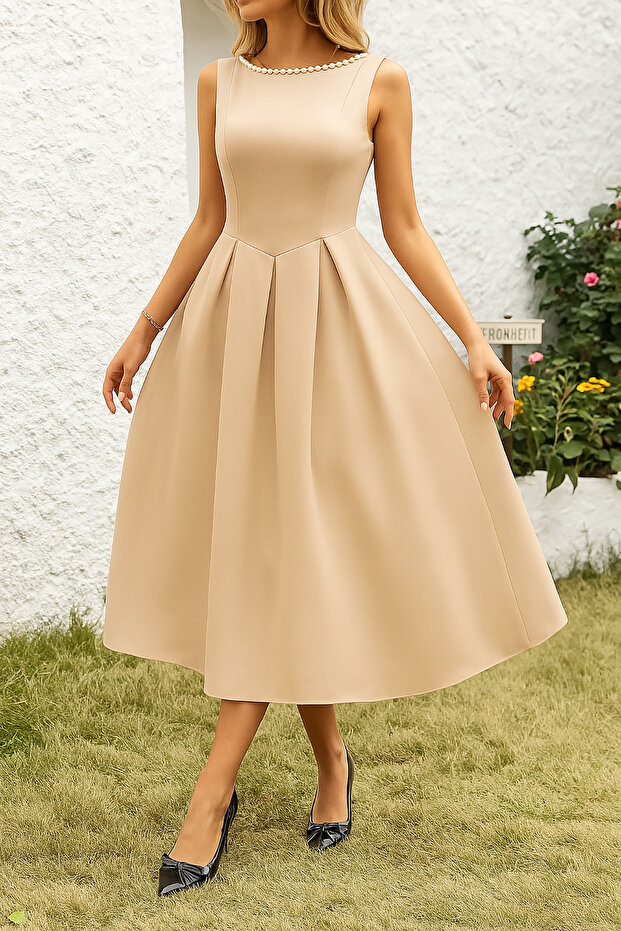 Beige Pearl Detail A-Line Sleeveless Backless Scuba Fabric Midi Length Dress