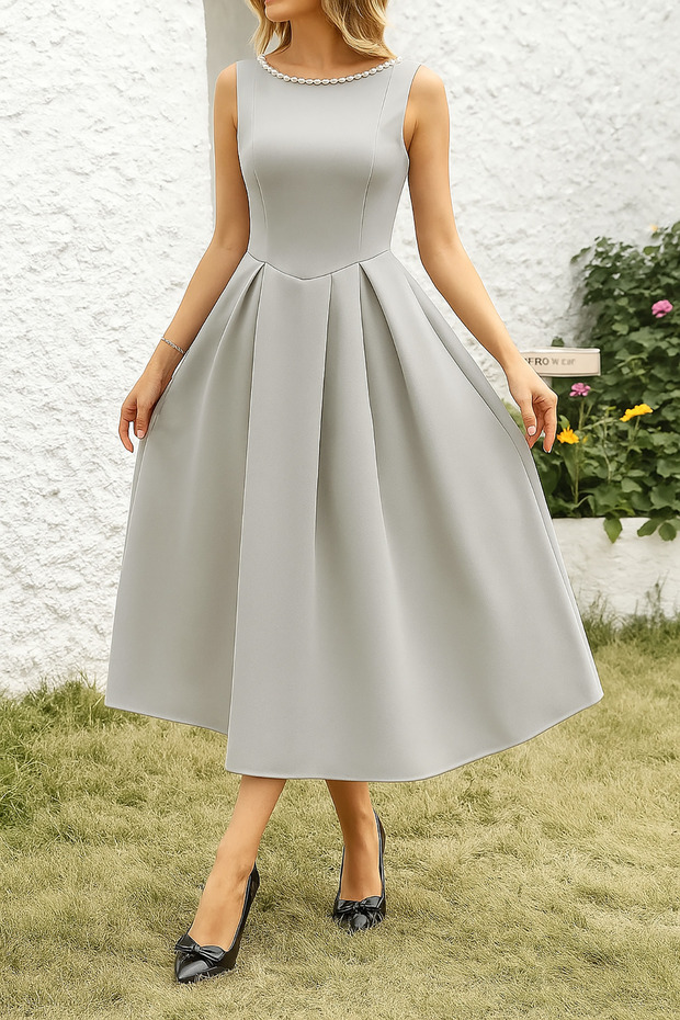 Gray Pearl Detail A-Line Sleeveless Backless Scuba Fabric Midi Length Dress