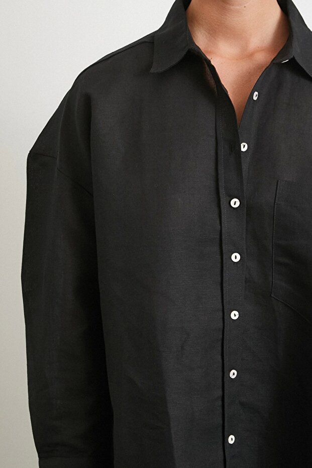 Cepli Oversize Keten Gömlek Siyah - 5