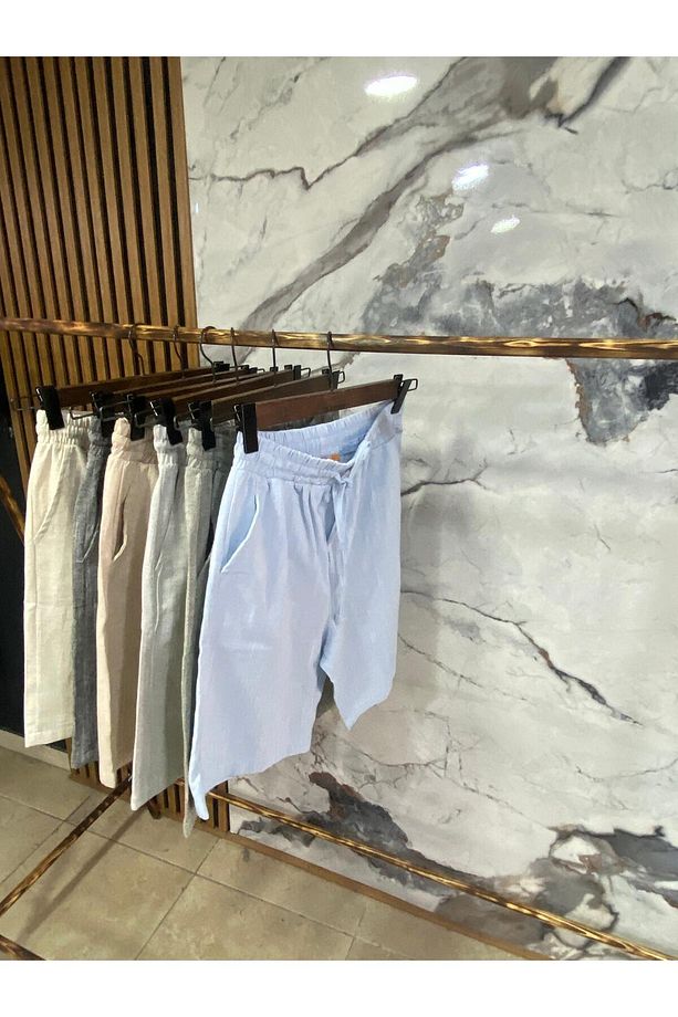 Erkek Beli Bağcıklı Pamuk Keten Şort - 2