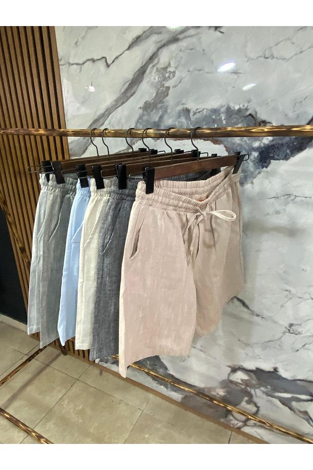 Erkek Beli Bağcıklı Pamuk Keten Şort - 3