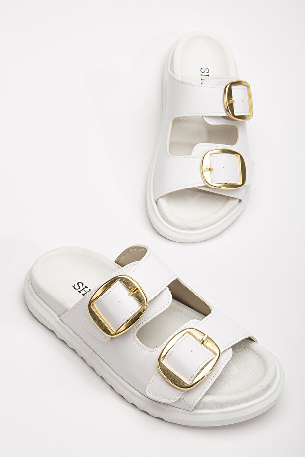 Women's White Double Strap Buckle Detailed Slippers