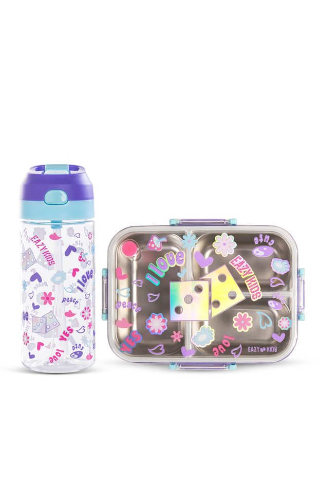 3 Compartment 800ml Stainless Steel bento Lunch Box w/ Water Bottle-Floral Purple
