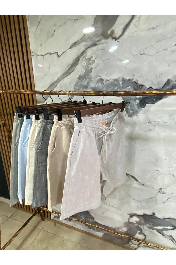 Erkek Beli Bağcıklı Pamuk Keten Şort - 3