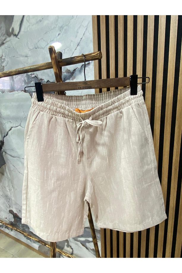 Erkek Beli Bağcıklı Pamuk Keten Şort - 1