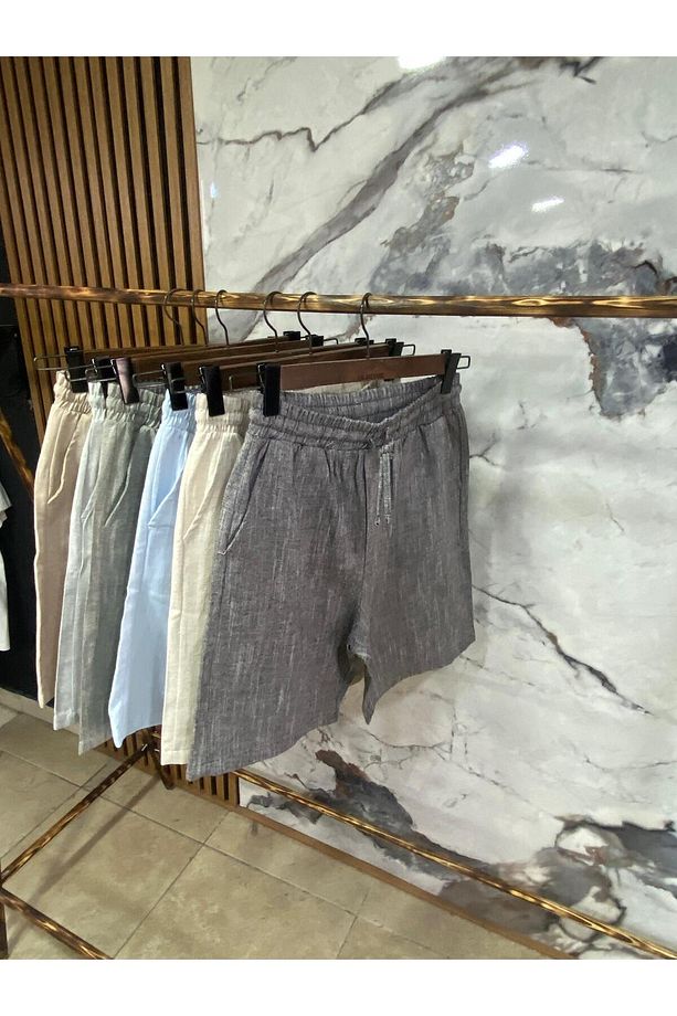 Erkek Beli Bağcıklı Pamuk Keten Şort - 3