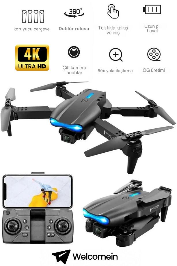 Katlanabilir Çift Kameralı 4K HD Kameralı Drone – WiFi Canlı Yayın, Uzun Menzil, 360° Akrobatik Uçuş - 1