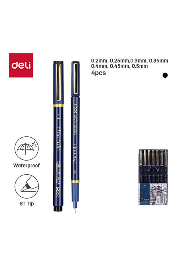 Deli EQ909 Pigment Liner Pens 0.2–0.5mm, 7pcs – ideal for drawing, drafting, and writing