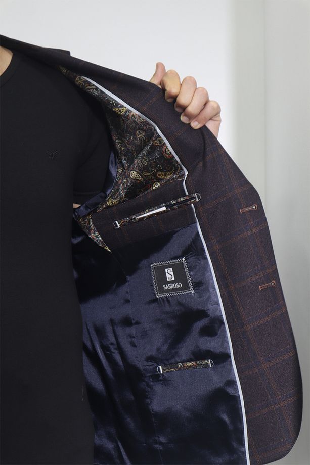 DMC TEKSTİL Erkek Koyu Kahve Ekose Kareli Klasik Kesim Rahat Kalıp Çift Düğmeli 4 Drop Blazer Ceket - 4