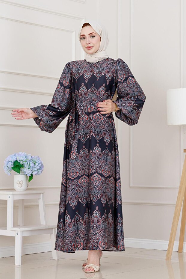 Balloon Sleeve Satin Adel Dress-Black