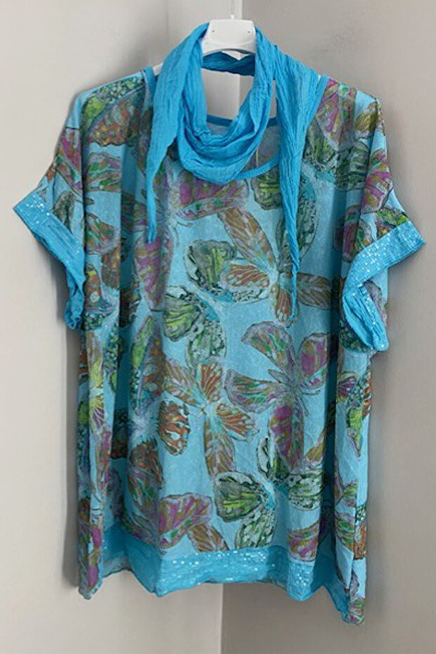 Women's Italian Turquoise Scarf Butterfly Patterned Sleeves and Hem Sequined Loose Blouse