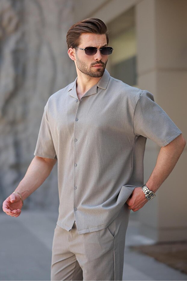 Boyalı Gri Basic Erkek Gömlek Takım E7320 - 4