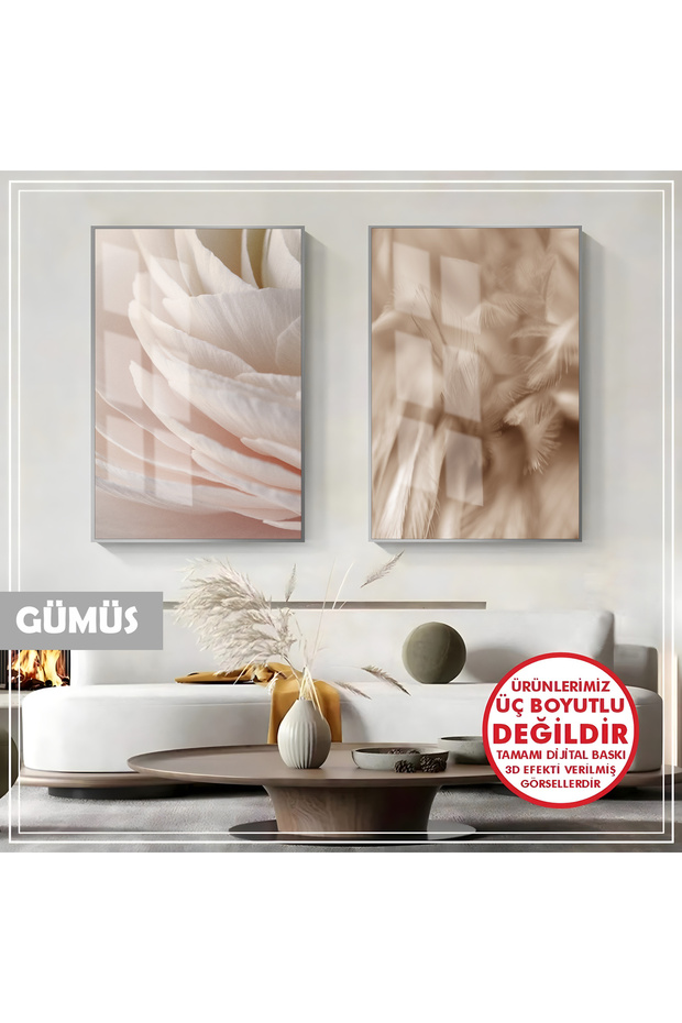 Amazing | Soft Cream Peony Flower Combination | Framed Glass Table 2 Pieces Vertical