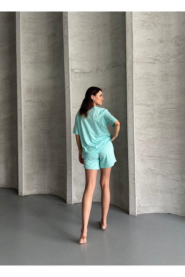 Organik Pamuklu Puanlı Kalp Baskılı Kısa Kollu Şortlu Pijama Takımı - 4