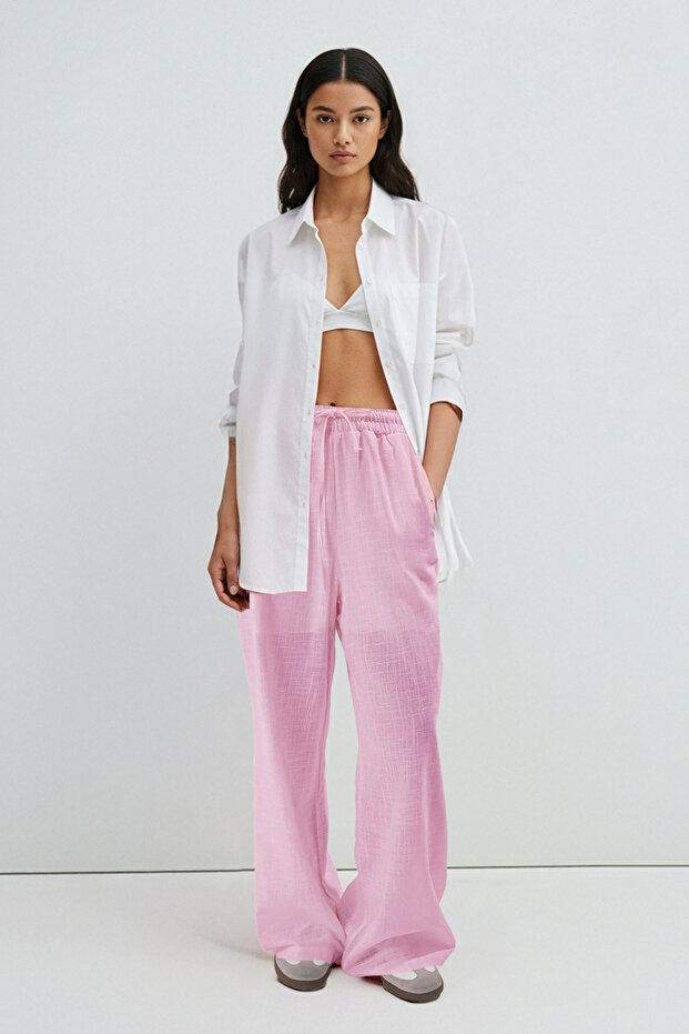 Açık Pembe Keten Görünümlü Wide Leg/Geniş Paça Şort Astarlı Beli Lastikli Pantolon TWOSS25PL00121 - 2