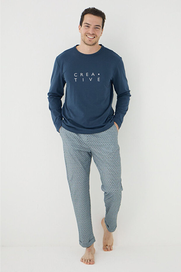 Lacivert Regular/Normal Kesim Creative Yazı Baskılı Örme Pijama Takımı TMNAW25PT00067 - 3