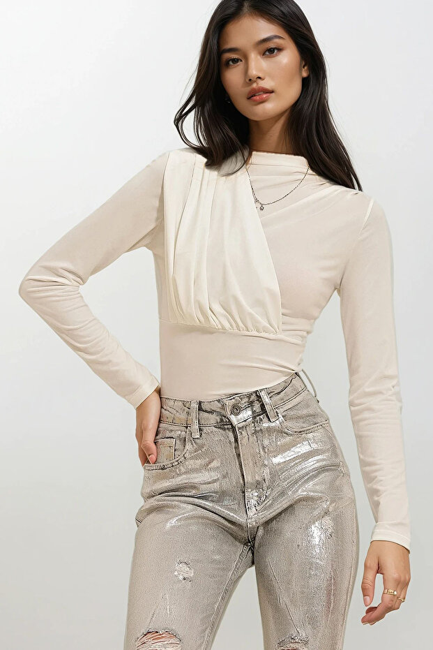 Women's Ecru High Collar Draped Stud Sandy Bodysuit ALC-X10868