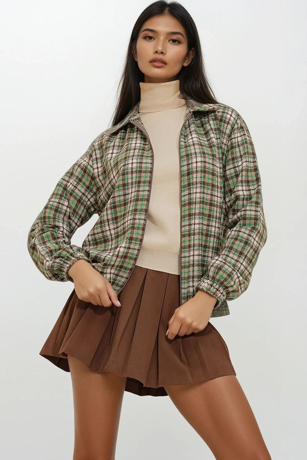 Women's Brown-Green Patterned Zippered Elastic Waist Seasonal Bomber Jacket ALC-X10775