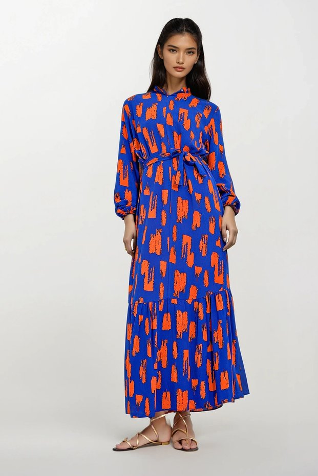 Women's Blue-Orange Crew Neck Patterned Skirt Flounced Waist Belted Maxiboy Dress ALC-X12038