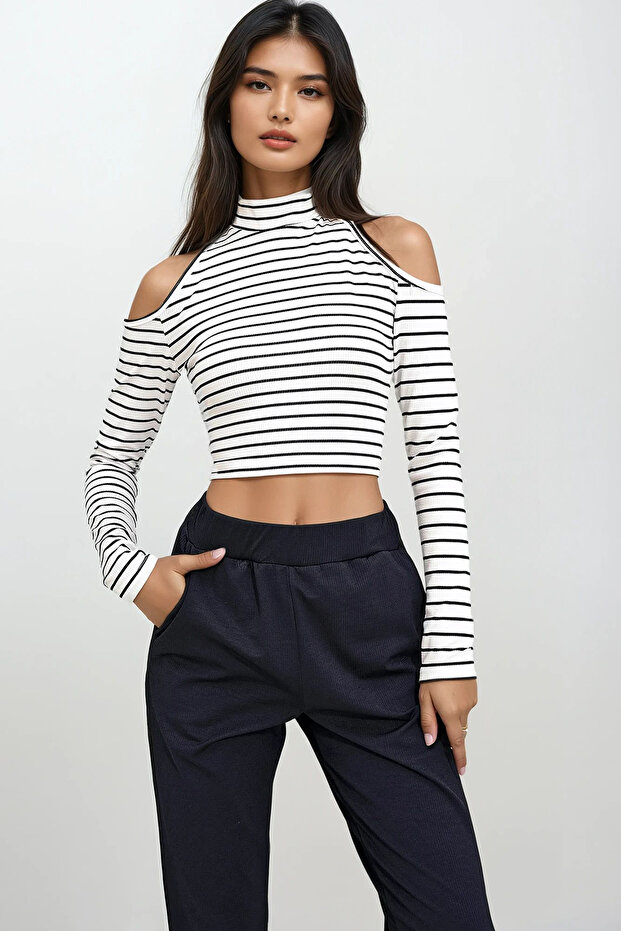Women's White Half Turtleneck Shoulder Low-Cut Striped Blouse Alc-X12644