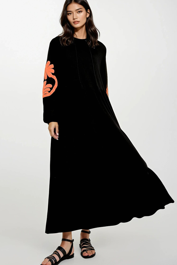 Women's Orange-Black Prevailing Collar Sleeves Flock Printed Layered Flounced Viscose Dress ALC-X12085