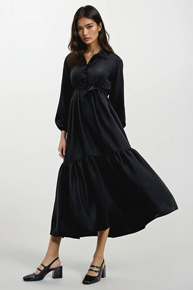 Women's Black Buttoned Front Skirt Flounced Flamed Linen Maxiboy Dress ALC-X12045