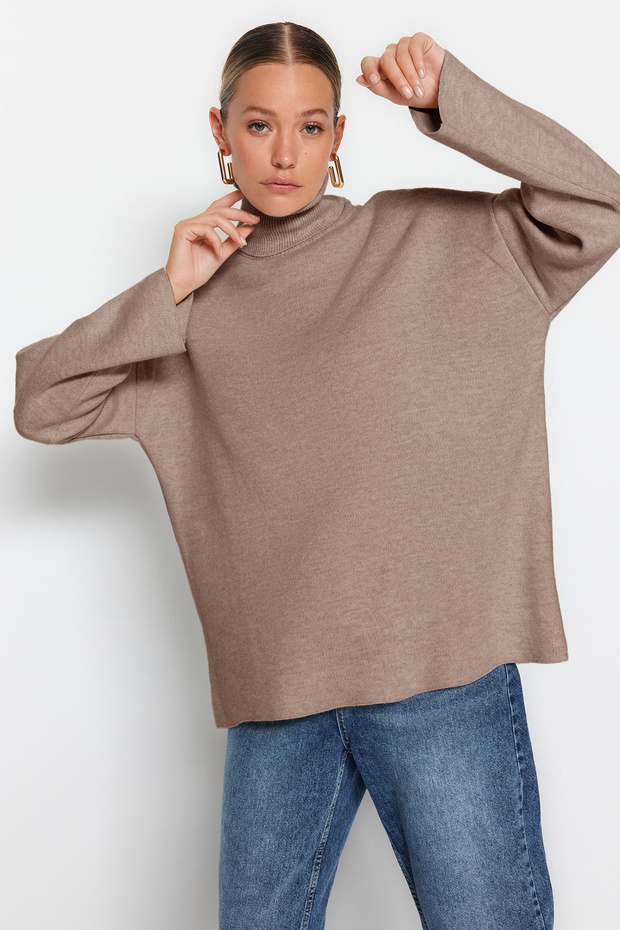 Nerzfarbener Basic-Strickpullover mit weitem Schnitt TWOAW23KZ00206 - 1