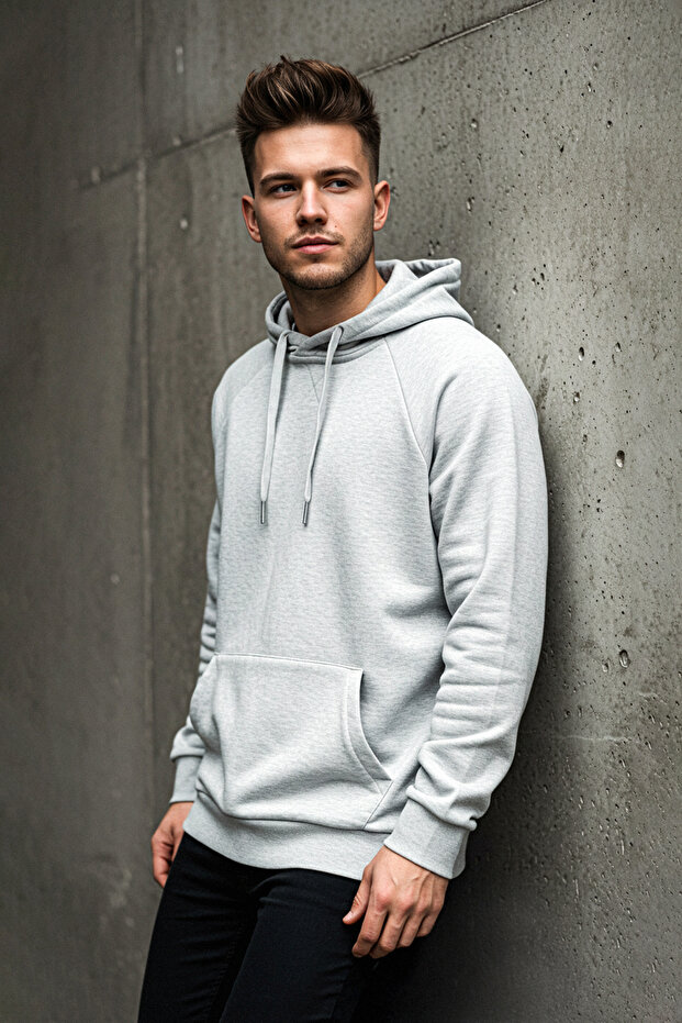 Gri Melanj Regular/Normal Kesim Kapüşonlu İçi Polar/Sıcak Tutan Sweatshirt TMNAW20SW0163 - 1