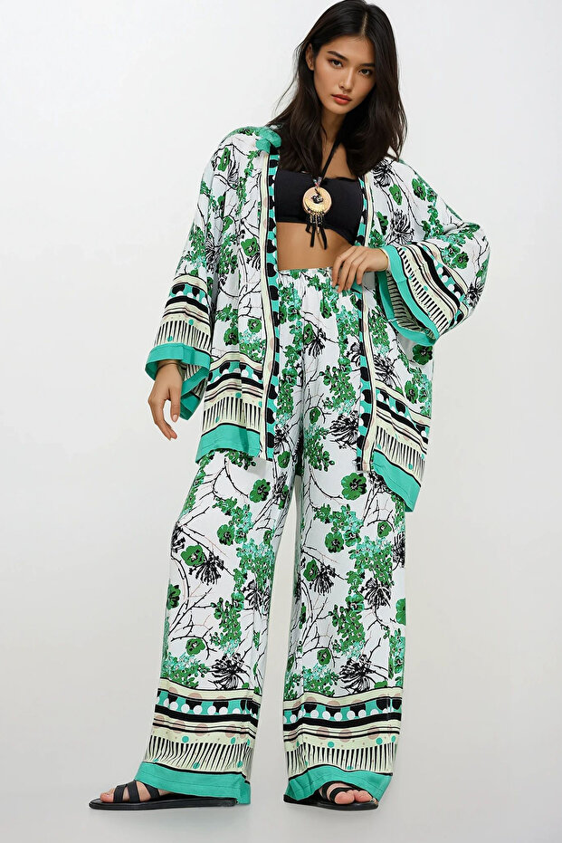 Women's Green-White Kimono Jacket and Palazzo Pants Set Alc-X11751