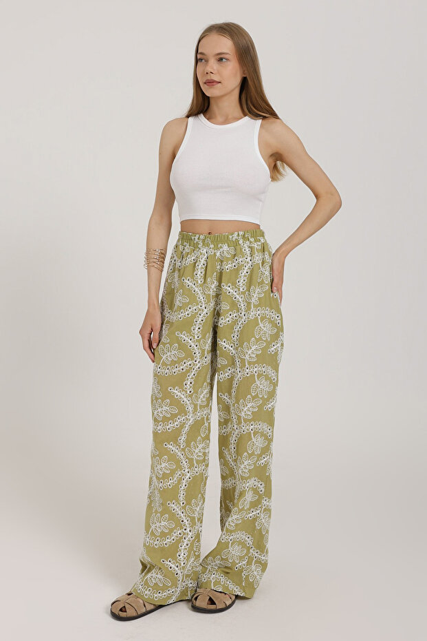 Açık Haki Nakışlı Geniş Paça Pantolon TWOSS25PL00129 - 1