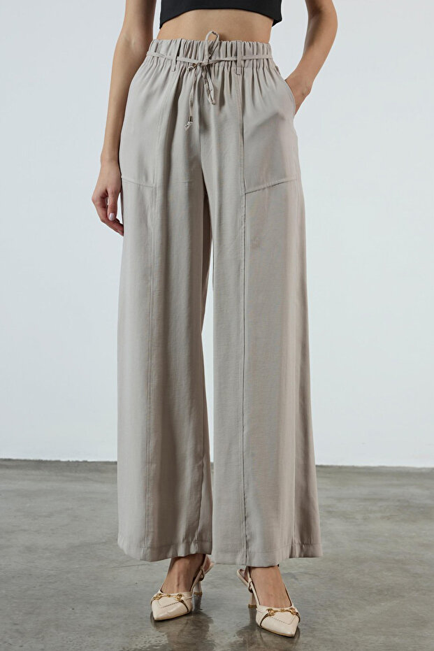 Bej Beli Lastikli Wide Leg/Geniş Paça Pantolon TWOSS25PL00123 - 3