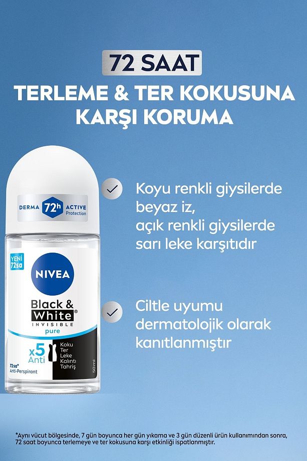 Kadın Roll-on Deodorant Black&white Invisible Pure 50ml, 72 Saat Anti-perspirant Ter Koruma,Alkolsüz - 2