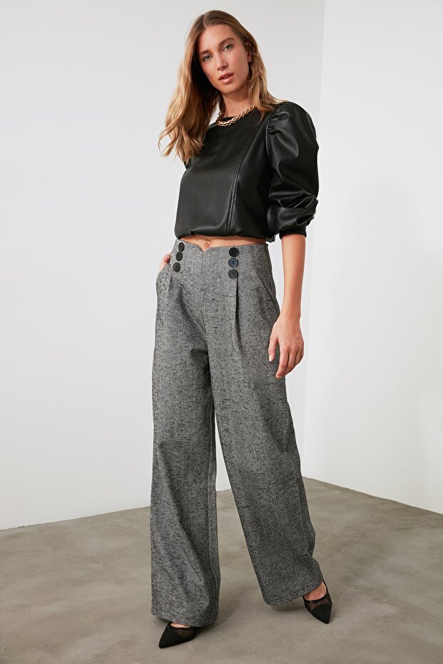 Gray Button Detailed Wide Leg Woven Trousers Twoaw21Pl0492 Palazzo - 7