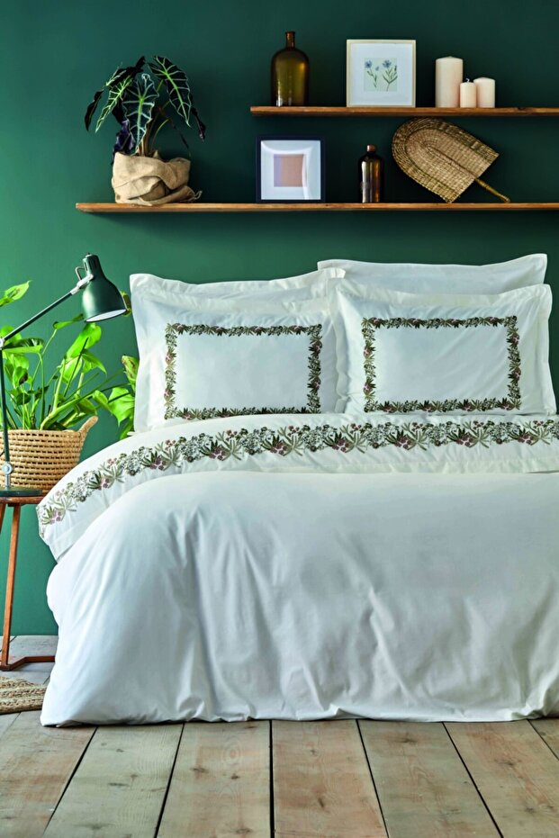 Serena Green Cotton Embroidered Double Duvet Cover Set