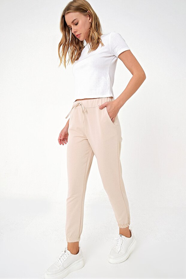 Women's Light Beige Two Thread Sweatpants with Elastic Cuffs ALC-Y2933