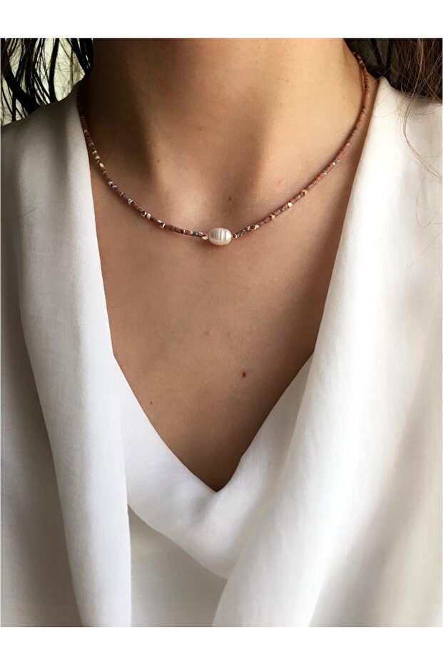 Women's Crushed Afghan Beaded Real Pearl Natural Stone Design Necklace