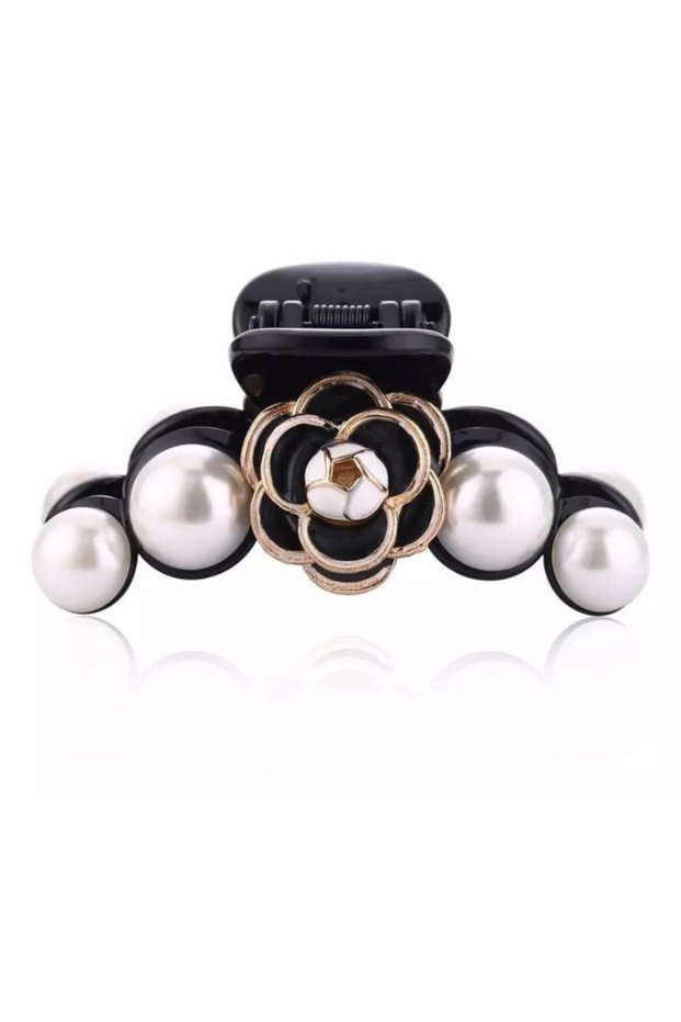 Special Design Fashion Luxury Floral Large Pearl Rhinestone Latch Buckle Black Camellia No.3