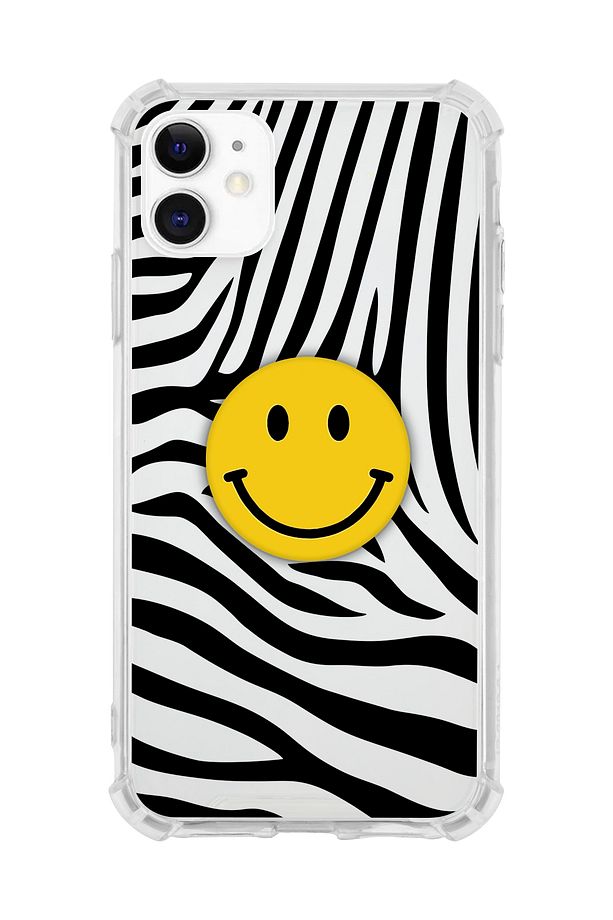 Iphone 11 Darbe Emici Zebra Çizgileri Ve Gülen Yüz Desenli Popsocket Kombini - 1