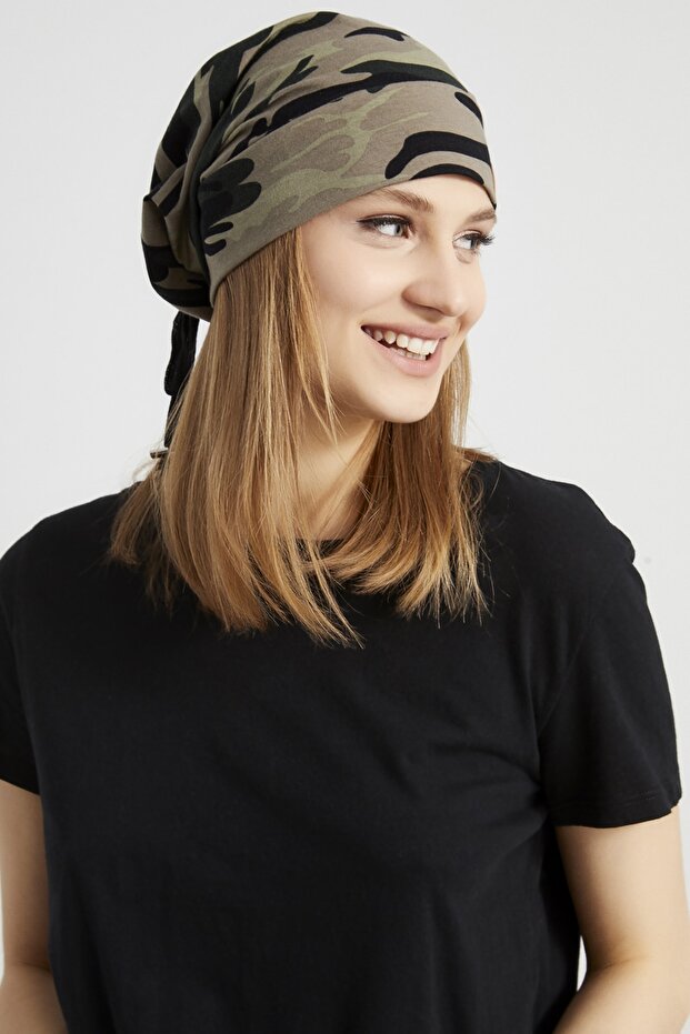 Women's Khaki, Camouflage Patterned, Rope Detailed 4 Season Hat Beanie Buff Ultra Soft Natural Combed Cotton
