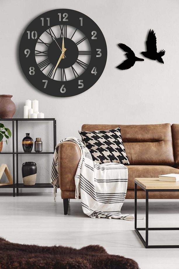 Modern Siyah Dekoratif Kuşlu Ahşap Duvar Saati Ve Tablo Seti 48x48cm Yuvarlak Tasarım - 1